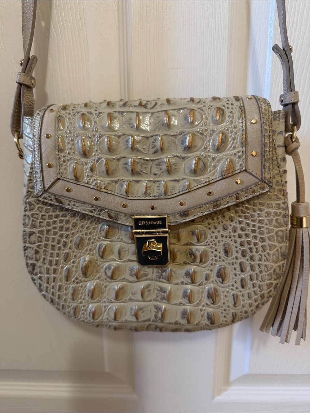Brahmin Taupe Croc-Embossed Leather Crossbody Bag